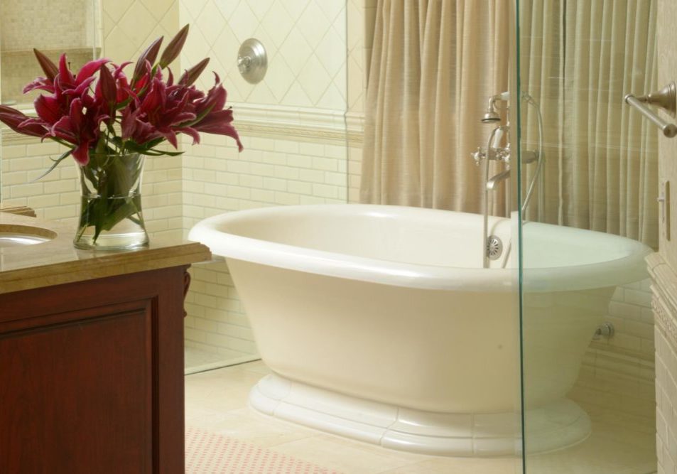 Walk-in shower after a tub-to-shower conversion